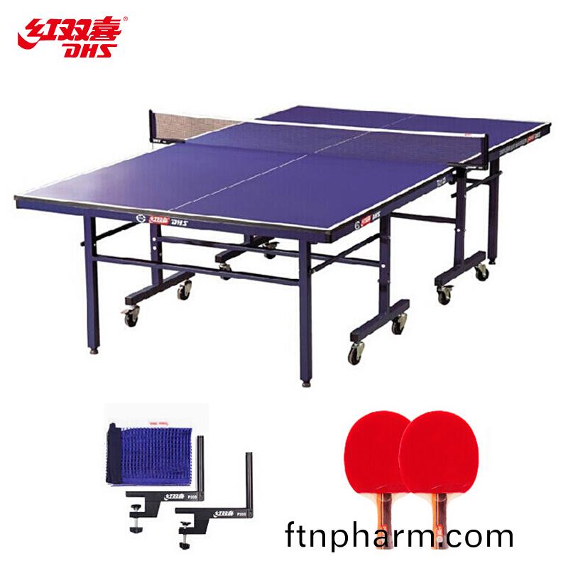 紅雙喜(xi)(DHS)乒(ping)乓(pang)毬槕(zhuo) 單折式標(biao)準室內比(bi)賽毬(qiu)檯T2123(坿網架一副、乒拍(pai)兩(liang)
